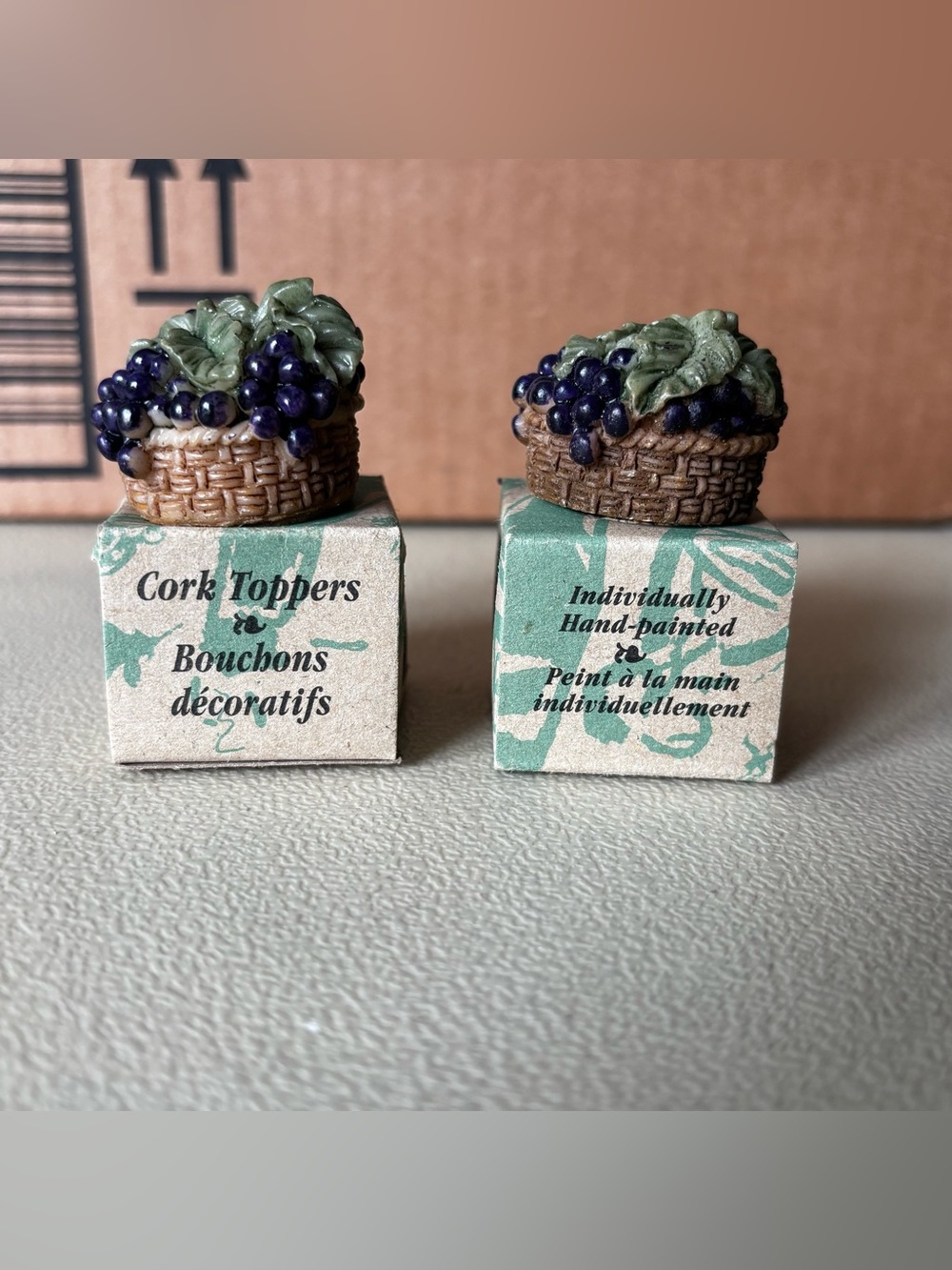 2 Basket of Grapes Cork Bottle Toppers Hand Painted Ceramic Porcelain 1.5"